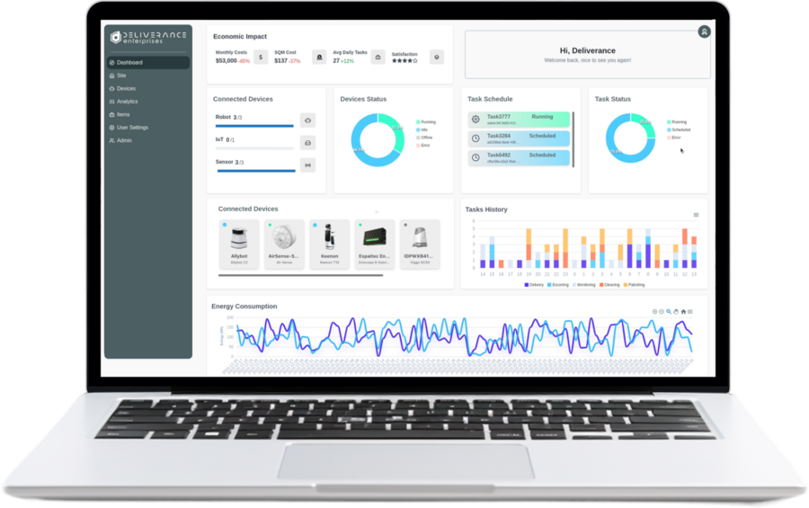 The Deliverance Platform dashboard: connected devices, task schedule, task status, task history and energy consumption